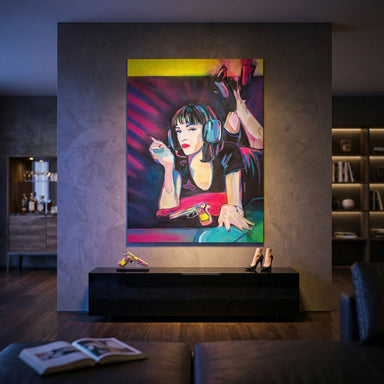 Cinematic street-art inspired wall art featuring a stylish woman with a cigarette and pistol in vibrant neon colors.