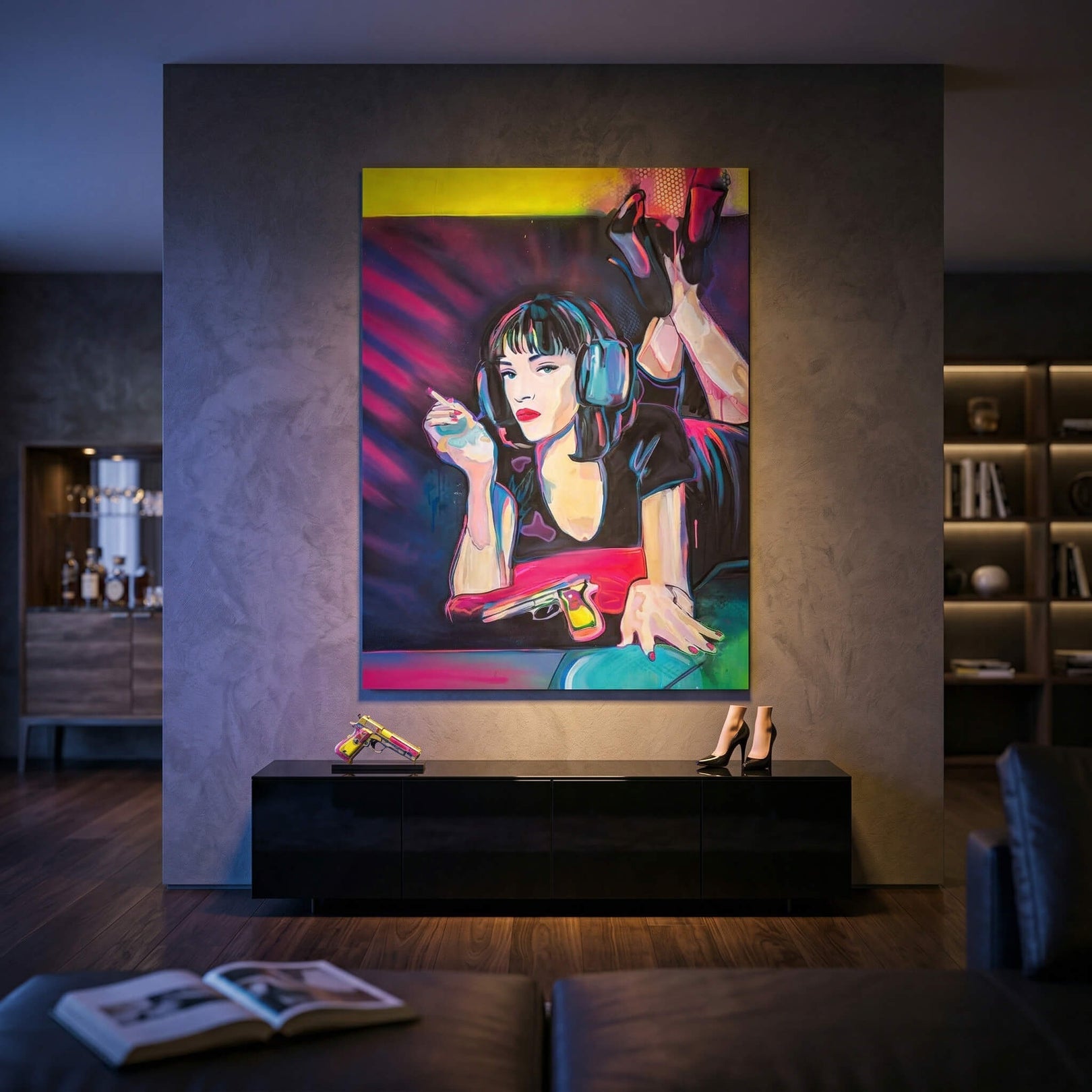 Cinematic street-art inspired wall art featuring a stylish woman with a cigarette and pistol in vibrant neon colors.