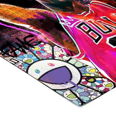 Dynamic pop art basketball artwork with text overlays and chaotic collage style