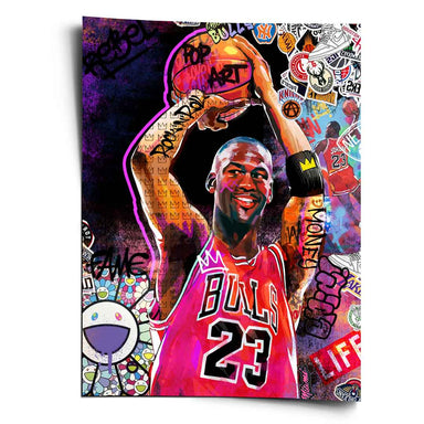 Michael Jordan pop art portrait with graffiti and comic book elements in bold colors