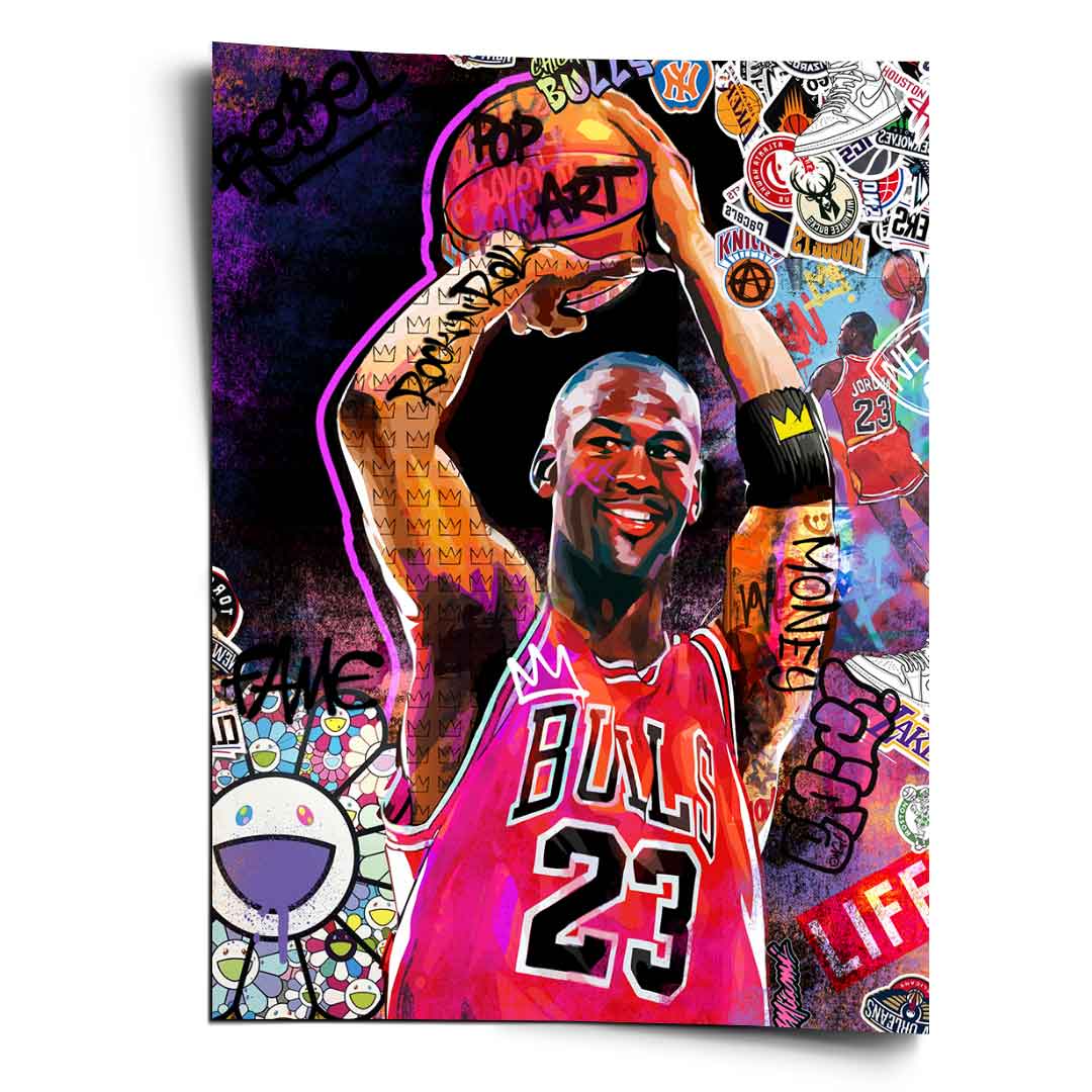 Michael Jordan pop art portrait with graffiti and comic book elements in bold colors