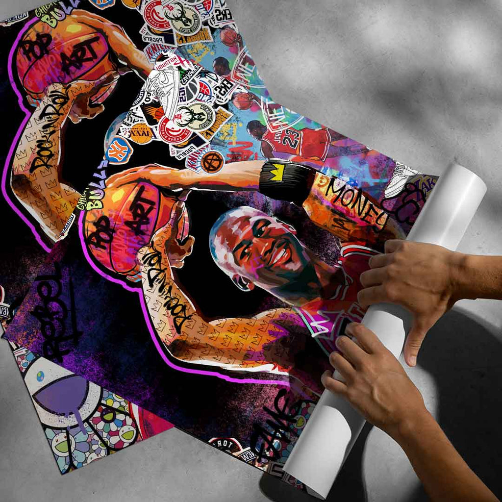 Vibrant sports wall art showing Michael Jordan in a Chicago Bulls jersey with graffiti textures