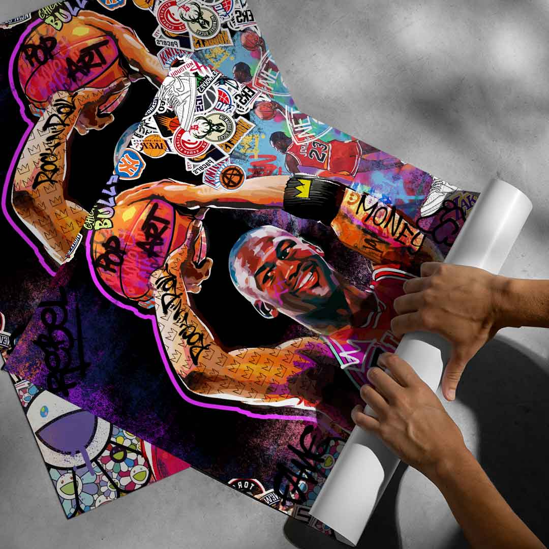 Vibrant sports wall art showing Michael Jordan in a Chicago Bulls jersey with graffiti textures