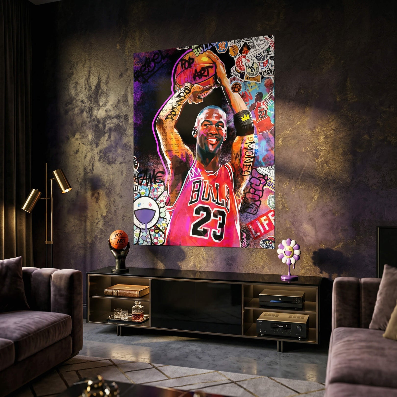 Colorful basketball wall art poster featuring a high-energy urban pop art design