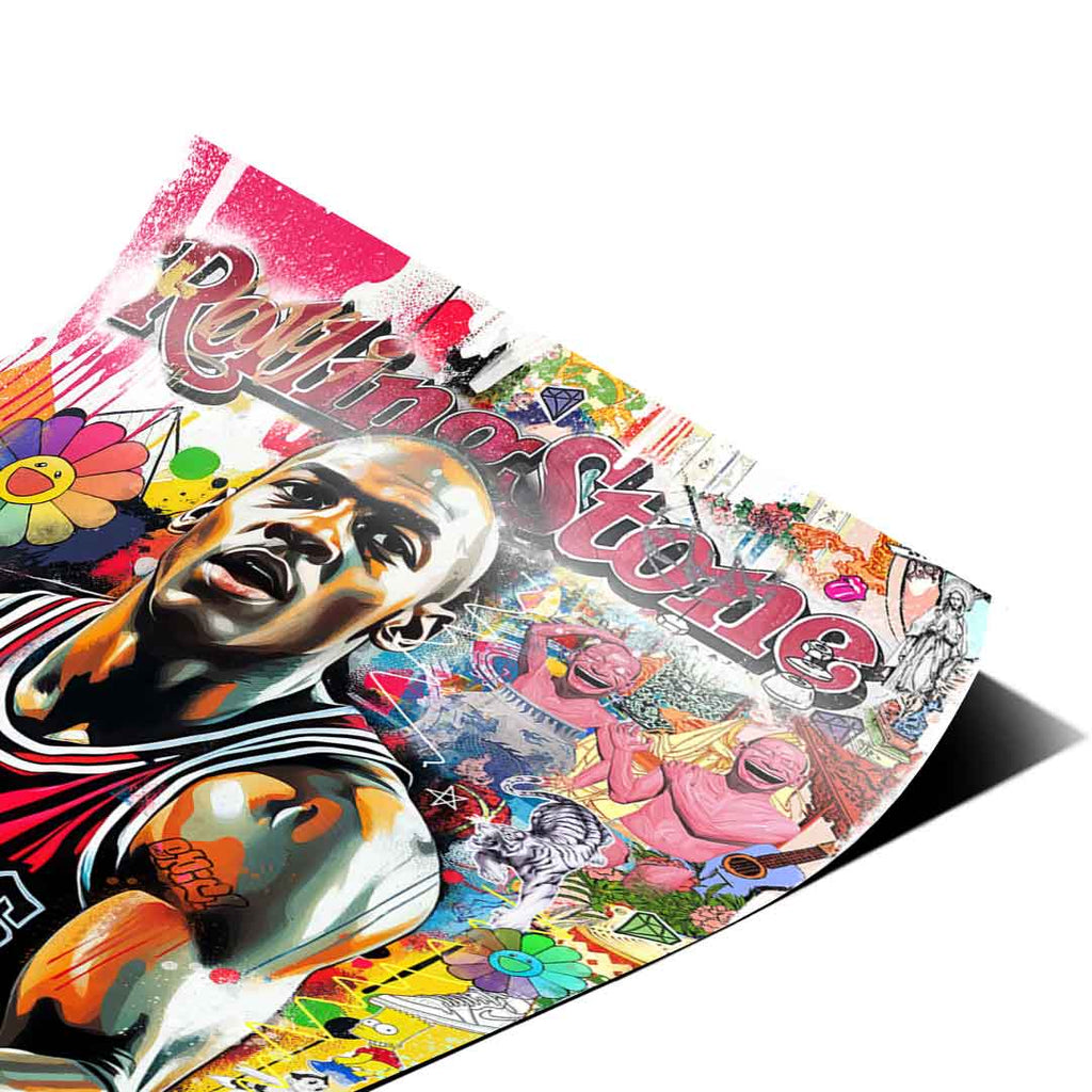 Rolling Stone masthead integrated into colorful street-art backdrop with red, yellow, blue, and black tones