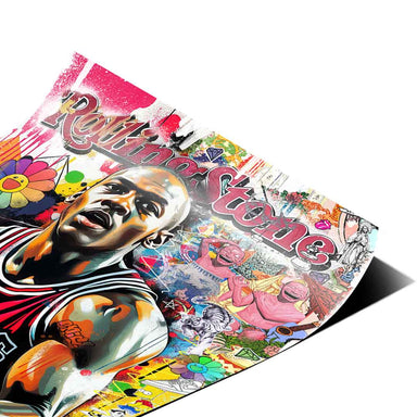 Rolling Stone masthead integrated into colorful street-art backdrop with red, yellow, blue, and black tones