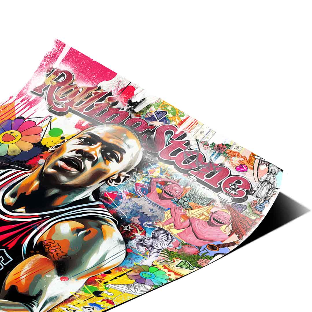 Rolling Stone masthead integrated into colorful street-art backdrop with red, yellow, blue, and black tones