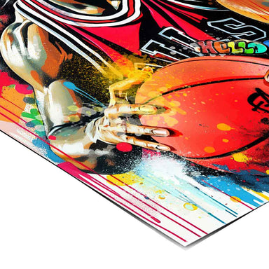 Energetic urban wall art blending sports iconography with graffiti and bright pop colors