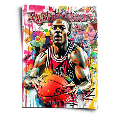 Portrait poster of Michael Jordan in a red Bulls jersey surrounded by a graffiti-filled urban collage