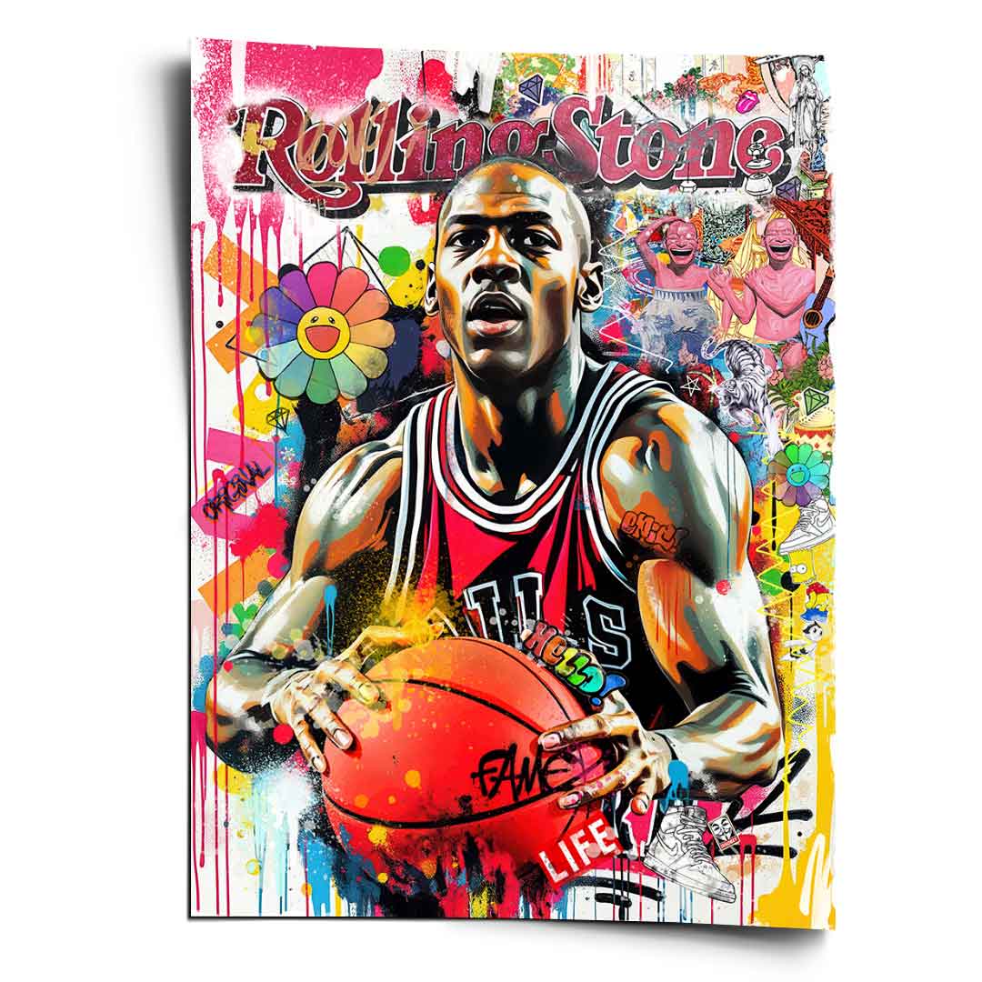 Portrait poster of Michael Jordan in a red Bulls jersey surrounded by a graffiti-filled urban collage