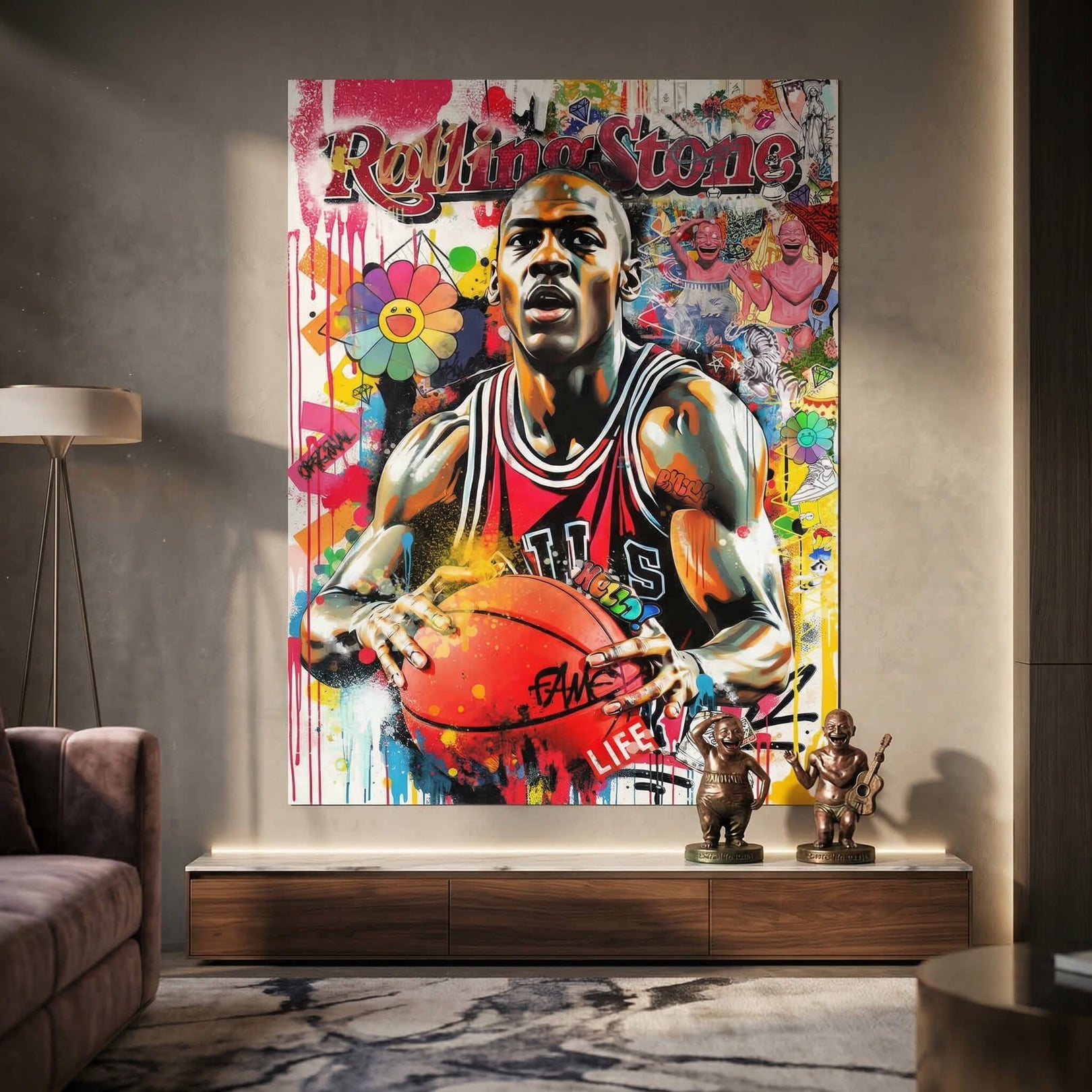 Bold pop art design with Jordan at center, graffiti tags, and a smiling cartoon flower in the background