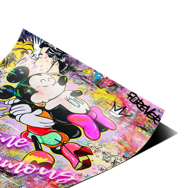 Roy Lichtenstein-inspired kissing couple motif in pink, purple, yellow, and black