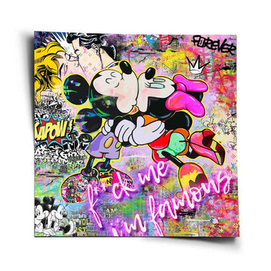 Vibrant Pop Art graffiti wall art featuring Mickey and Minnie kissing against an urban layered background