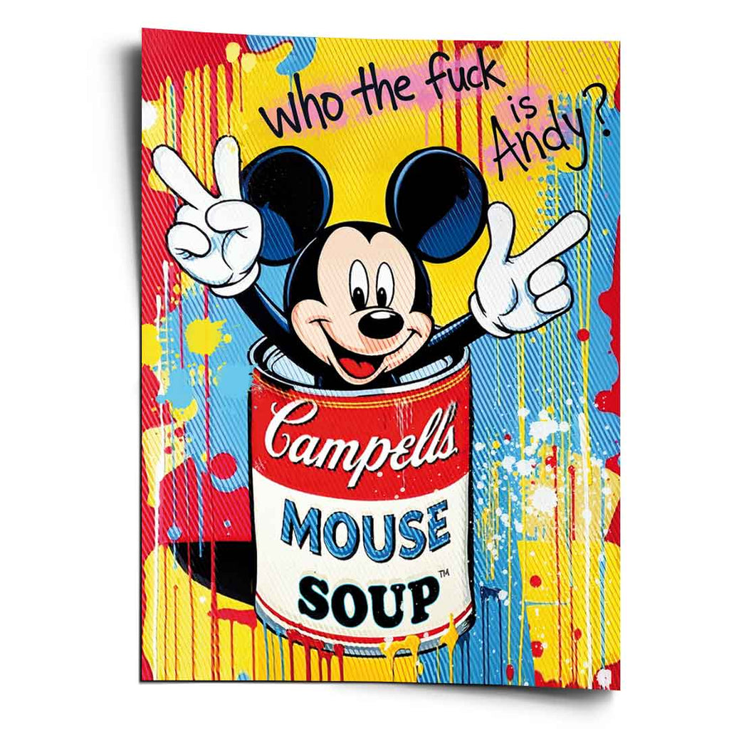Mickey Mouse pops out of a Campbell's Soup can in a bold pop art poster