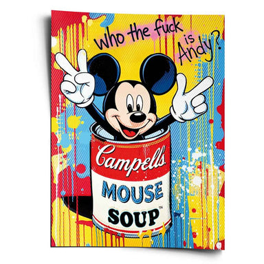 Vibrant Mickey Mouse poster bursting from a Campbell's Soup can with graffiti paint drips in red, yellow, and blue.