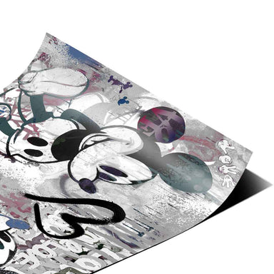 Monochrome graffiti backdrop with electric blue and teal accents on Mickey and Minnie