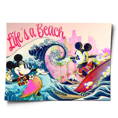 Pop art poster featuring Mickey Mouse and Minnie Mouse at a sunny beach with a Great Wave-inspired backdrop