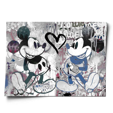 Mickey Mouse and Minnie Mouse in a Pop Art style with a graffiti background