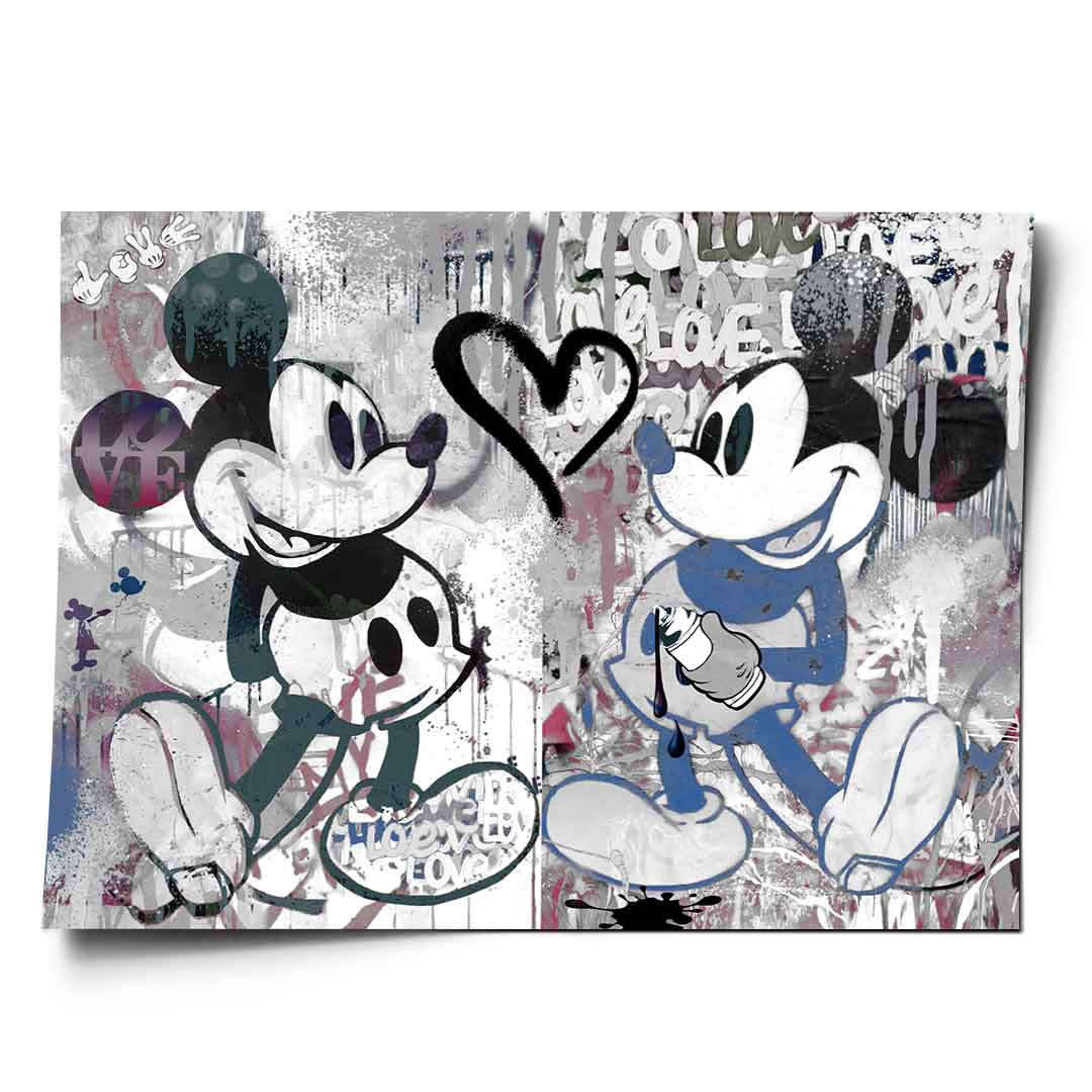 Mickey Mouse and Minnie Mouse in a Pop Art style with a graffiti background