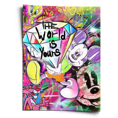 Energetic Mickey Mouse in neon pop art holding a diamond on graffiti backdrop