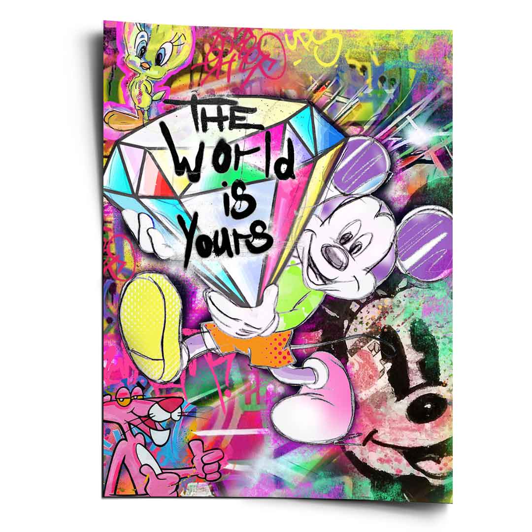 Energetic Mickey Mouse in neon pop art holding a diamond on graffiti backdrop