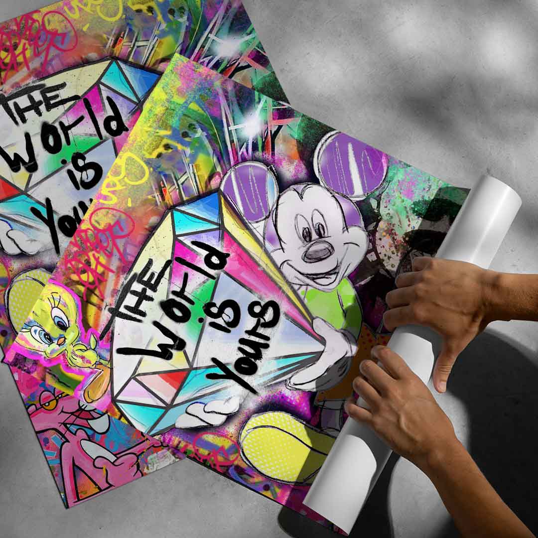 Dynamic pop art collage featuring classic cartoon characters