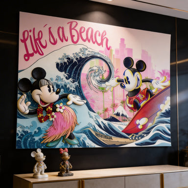 Mickey Mouse surfs in a colorful, comic-style print while Minnie wears a lei and hula skirt