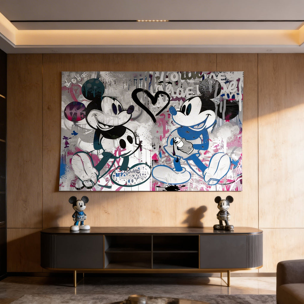 Disney wall art featuring street art heart sprayed by cartoon characters