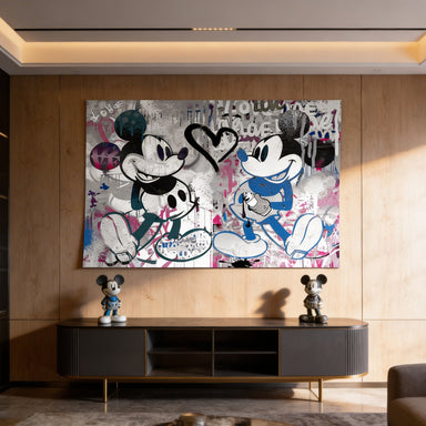 Disney wall art featuring street art heart sprayed by cartoon characters