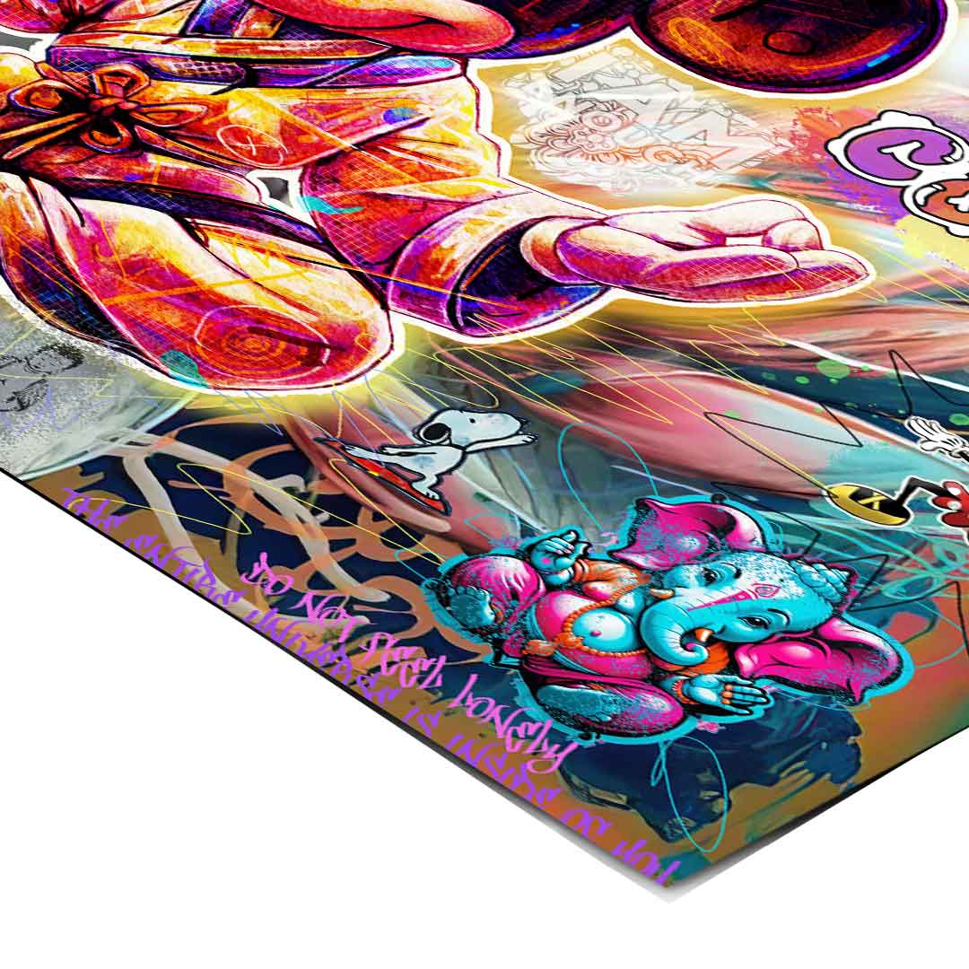 Bold, high-contrast neon palette of purples, pinks, yellows, and blues.