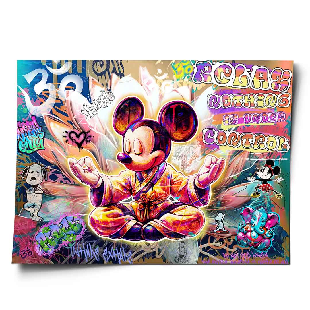 Mickey Yoga poster featuring Mickey Mouse meditating in a lotus pose in neon Pop Graffiti style.
