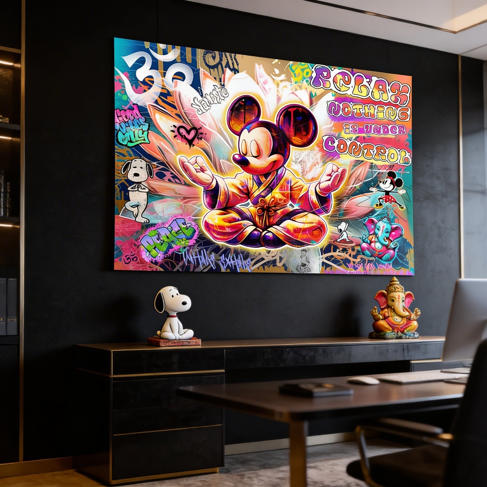 Pop Graffiti collage with Mickey Mouse, Minnie Mouse, and Snoopy in bright neon colors.