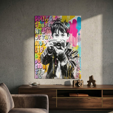 Neon graffiti splashes behind the boy adding bold color and urban energy