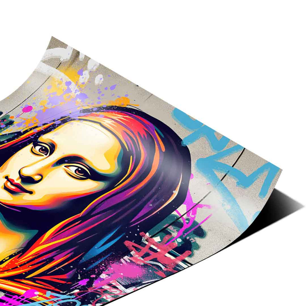Graffiti-infused portrait with dynamic text and street-art texture on a wall art print.