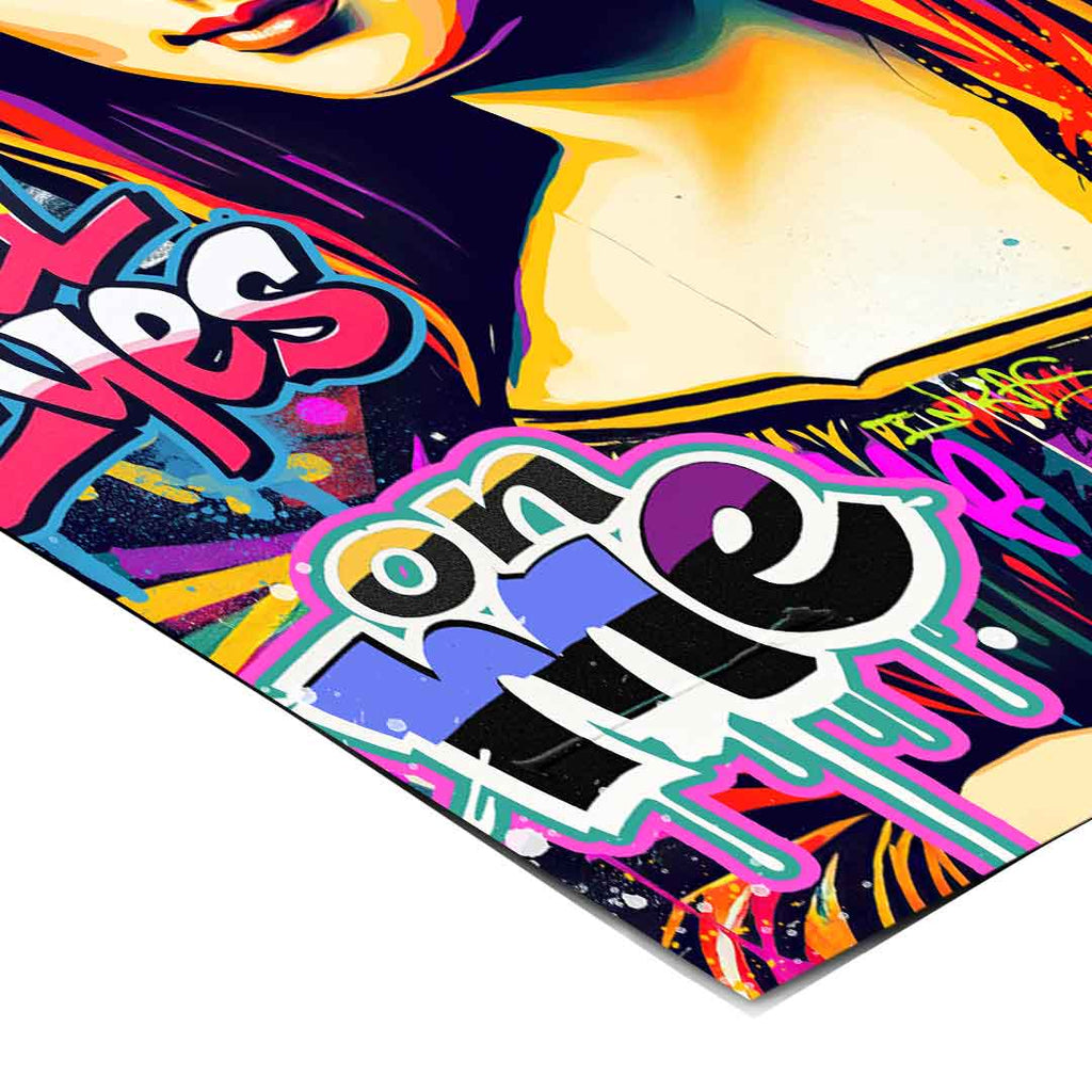 Vibrant modern wall art depicting a reinterpretation of Mona Lisa in street-art aesthetics.