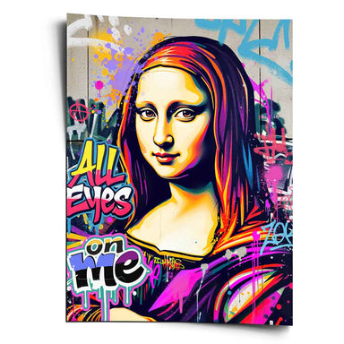 Mona Lisa-inspired wall art in bold pop art and graffiti style with neon rainbow colors against a distressed concrete wall.