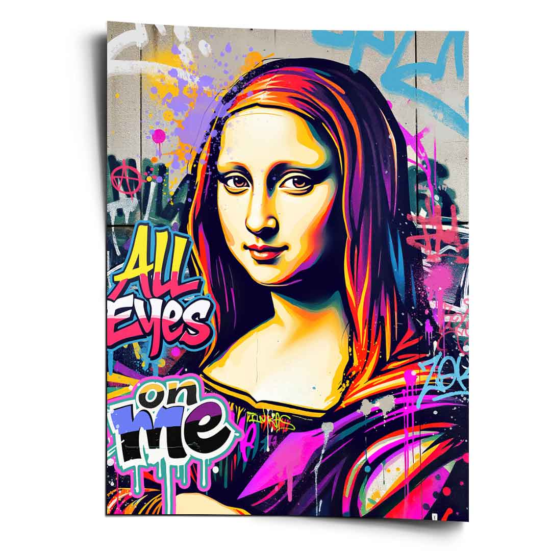 Mona Lisa-inspired wall art in bold pop art and graffiti style with neon rainbow colors against a distressed concrete wall.