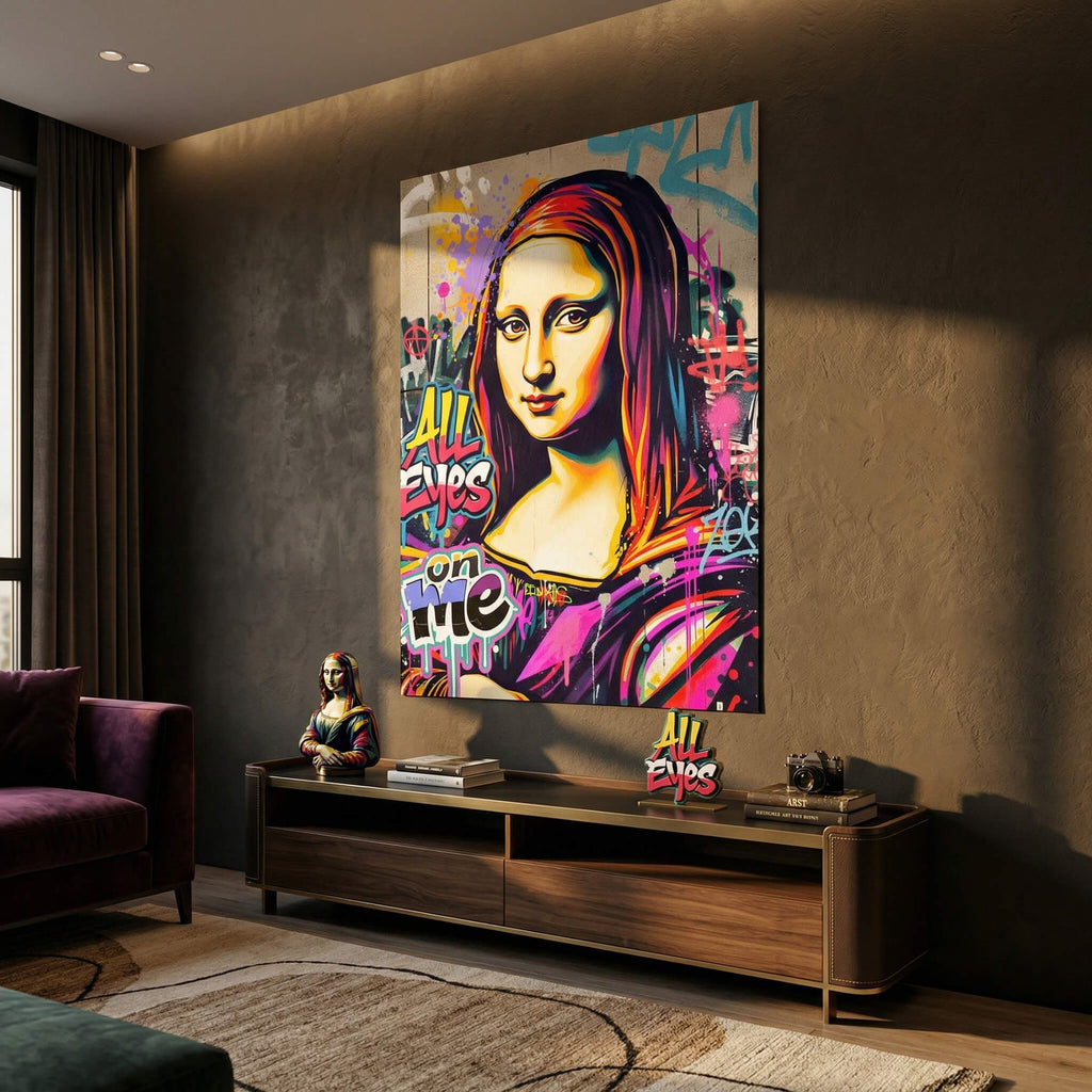 Close-up of neon pink, purple, blue, and yellow hues detailing a portrait-style urban art print.