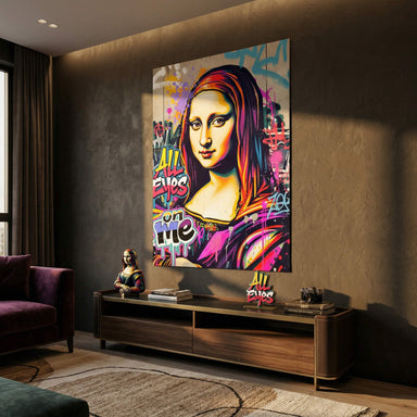 Close-up of neon pink, purple, blue, and yellow hues detailing a portrait-style urban art print.