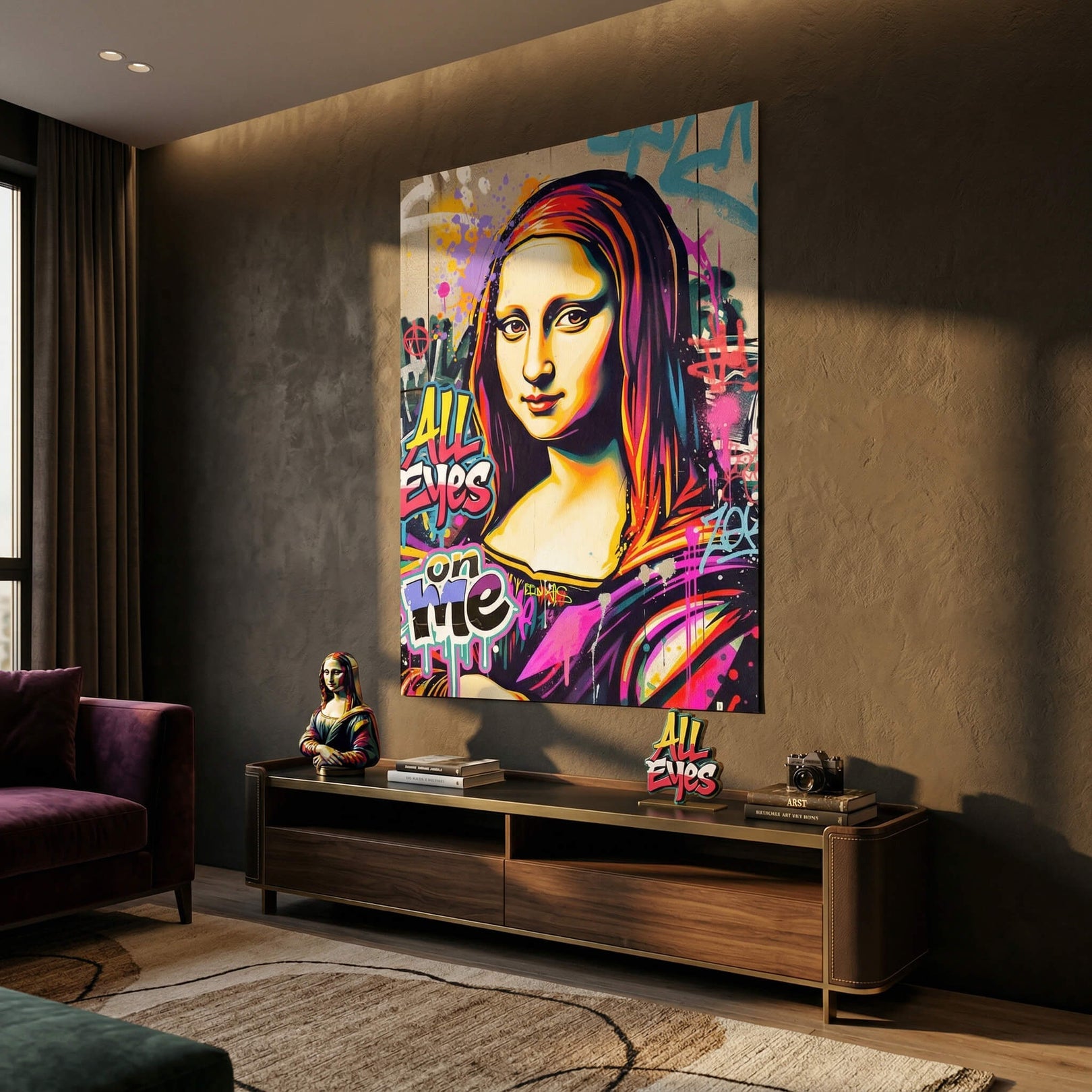 Close-up of neon pink, purple, blue, and yellow hues detailing a portrait-style urban art print.