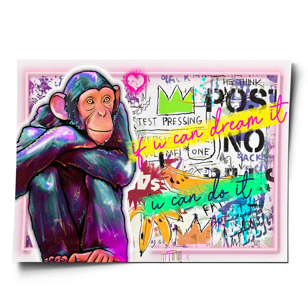 Colorful chimpanzee in blue, purple, and green pop art style with graffiti background