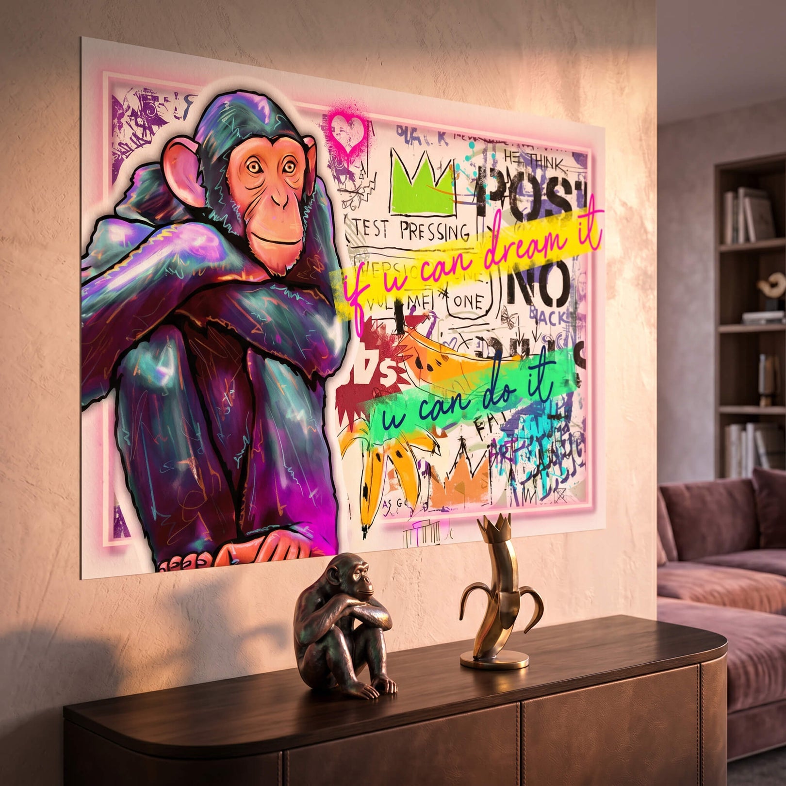 Chimpanzee portrait with graffiti text, Basquiat-inspired crown, and bananas in urban art