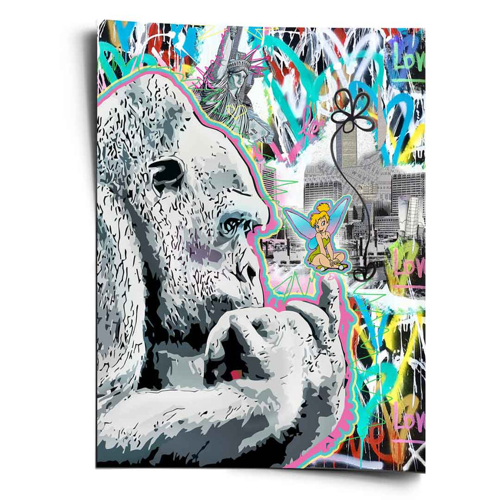 Grayscale gorilla outlined in pink watching a delicate fairy against neon pop art graffiti with Liberty Statue and city skyline.