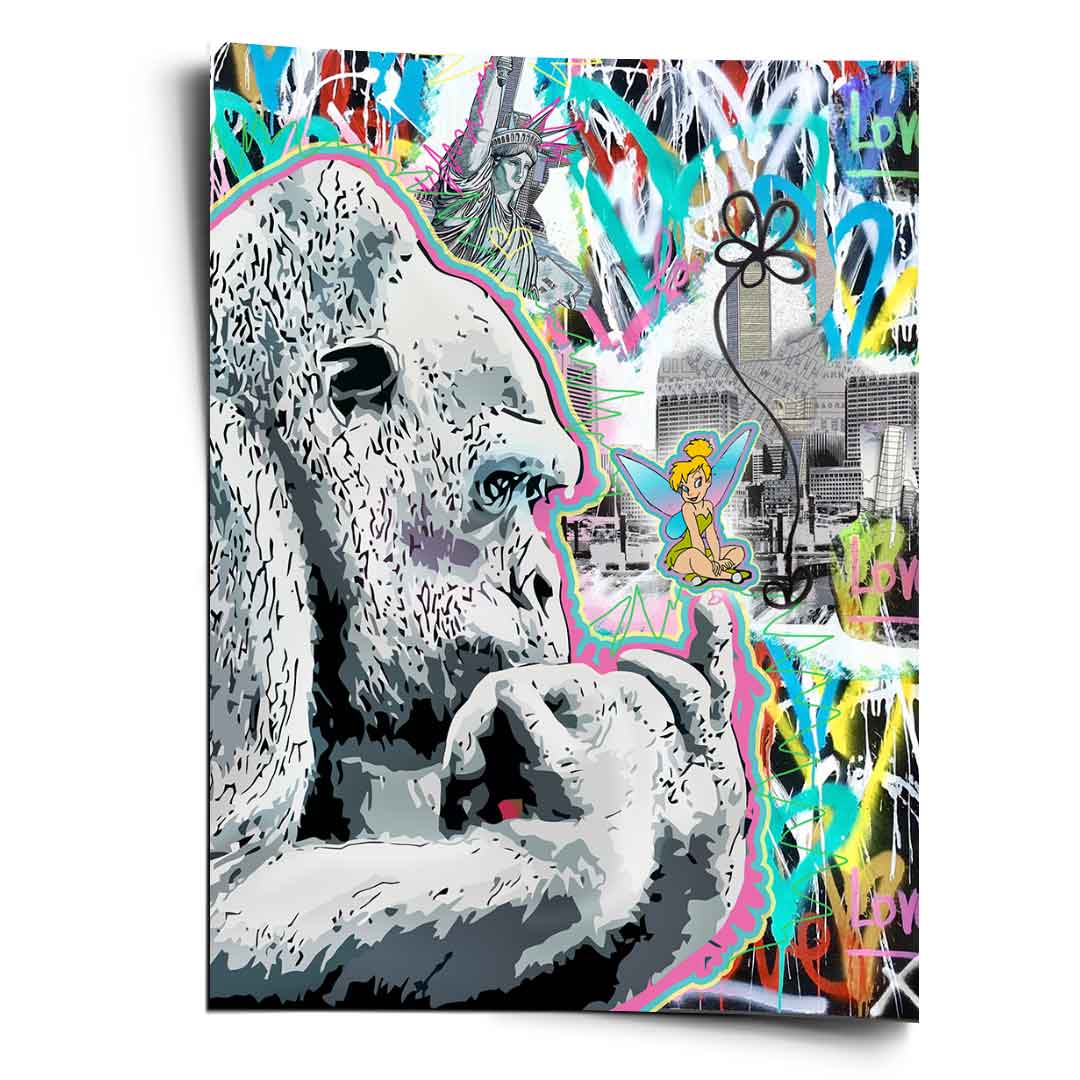 Grayscale gorilla outlined in pink watching a delicate fairy against neon pop art graffiti with Liberty Statue and city skyline.