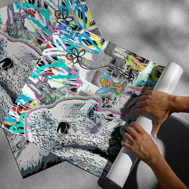 Whimsical yet edgy wall art ideal for contemporary spaces, merging nature, fantasy, and street art influences.