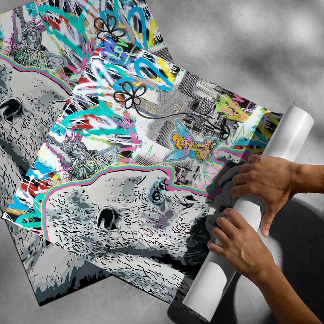 Whimsical yet edgy wall art ideal for contemporary spaces, merging nature, fantasy, and street art influences.