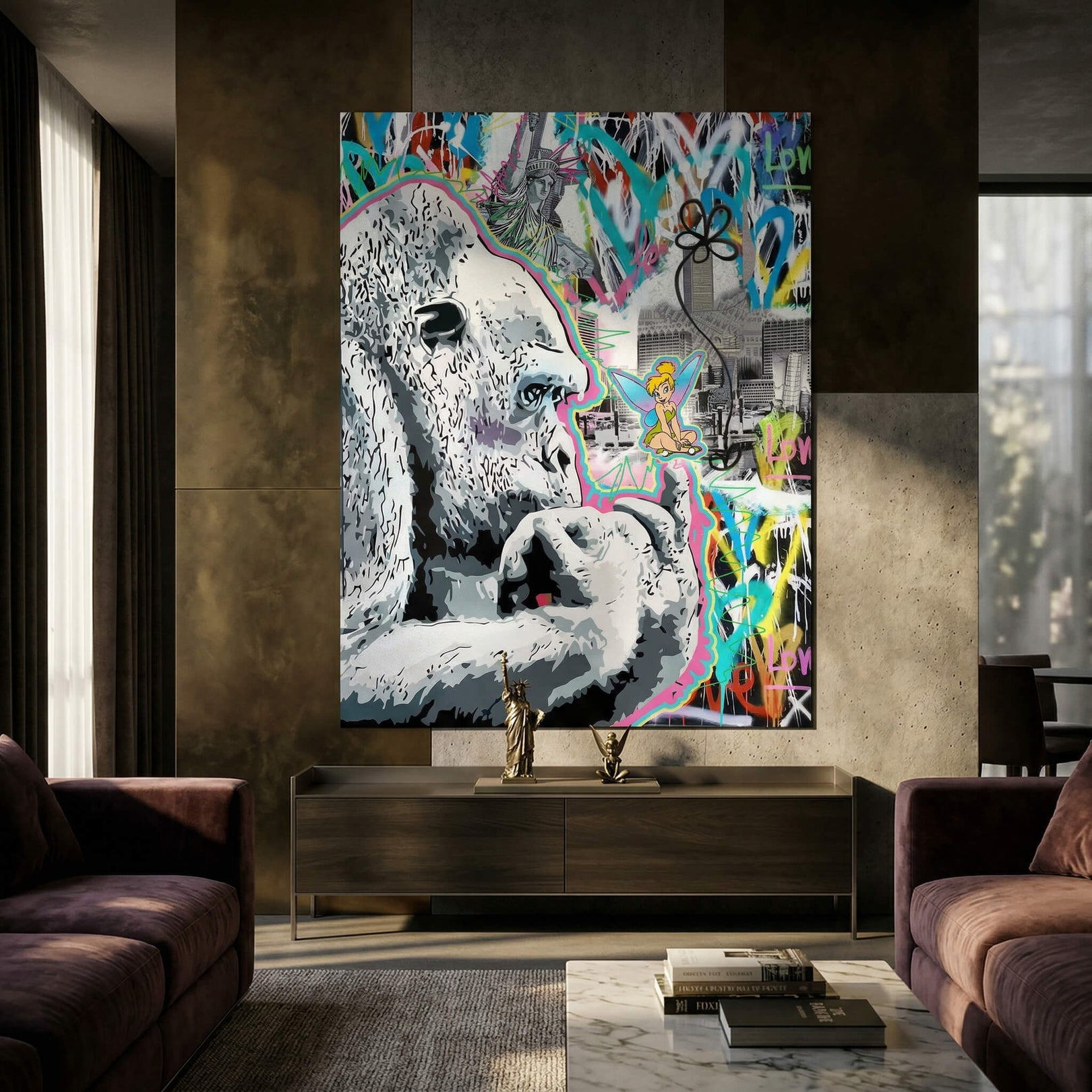 Vibrant neon pink, electric blue, and bright yellow splashes frame urban pop art and fantasy elements around a gorilla and fairy.