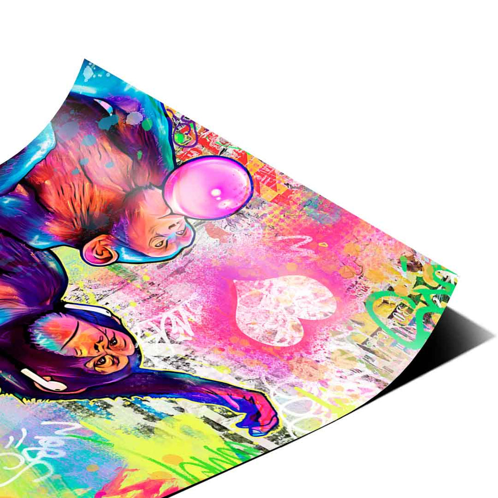 Dynamic street art composition with saturated colors and comic-style outlines.