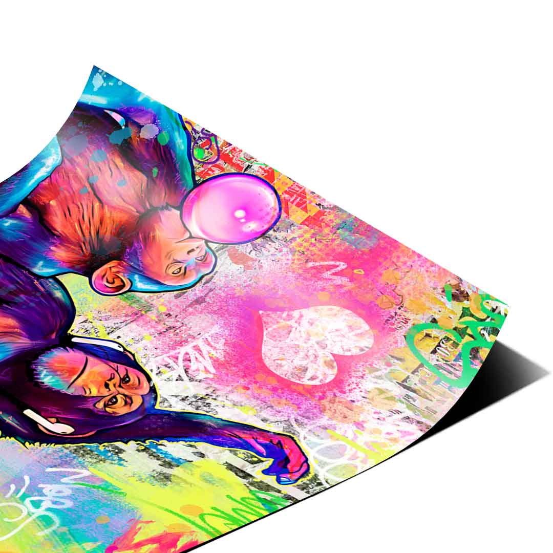 Dynamic street art composition with saturated colors and comic-style outlines.