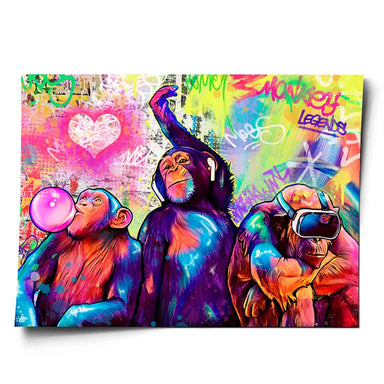 Three chimpanzees in neon pop art style performing bubble gum, selfies, and virtual reality.